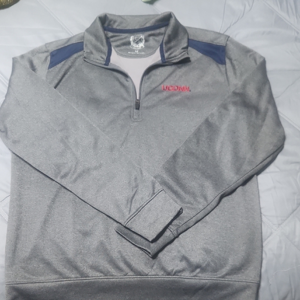 Heather Gray and Blue Zip Up Sweater with Athletic Design